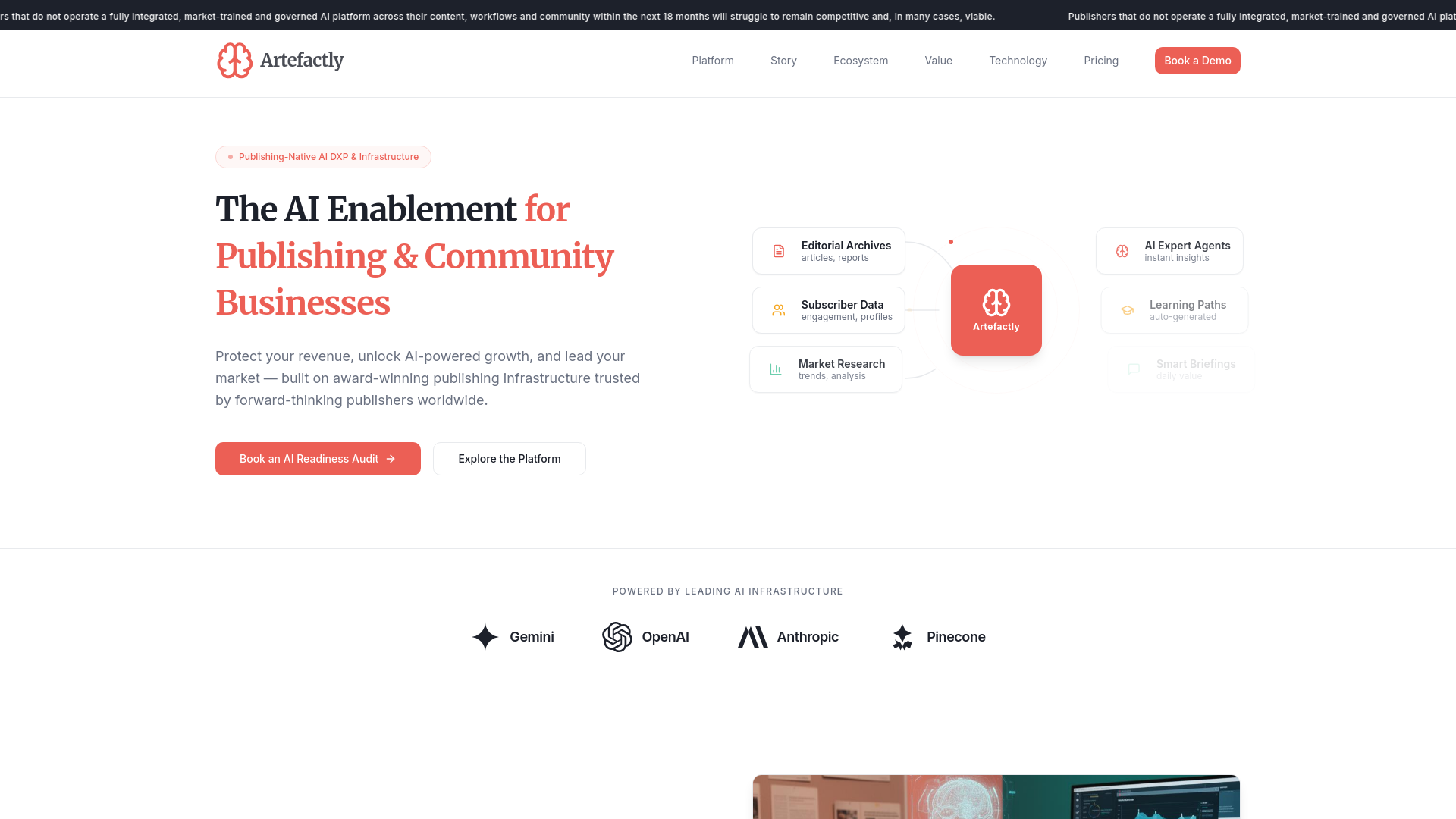 Artefactly: Home page for the AI enablement platform for publishers