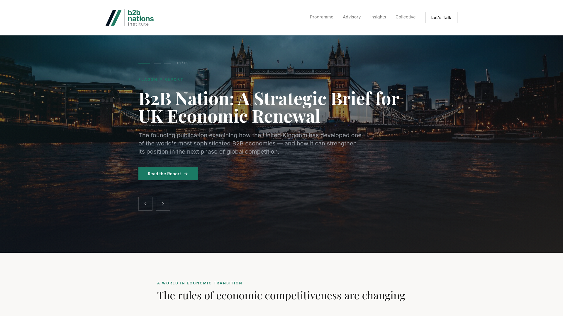 B2B Nations Institute: Home page leading with the UK economic renewal brief