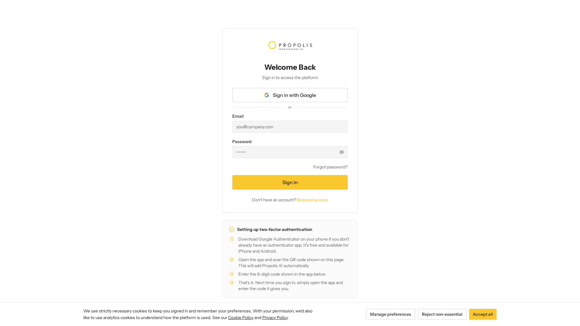 Propolis: Sign-in screen for the Propolis platform