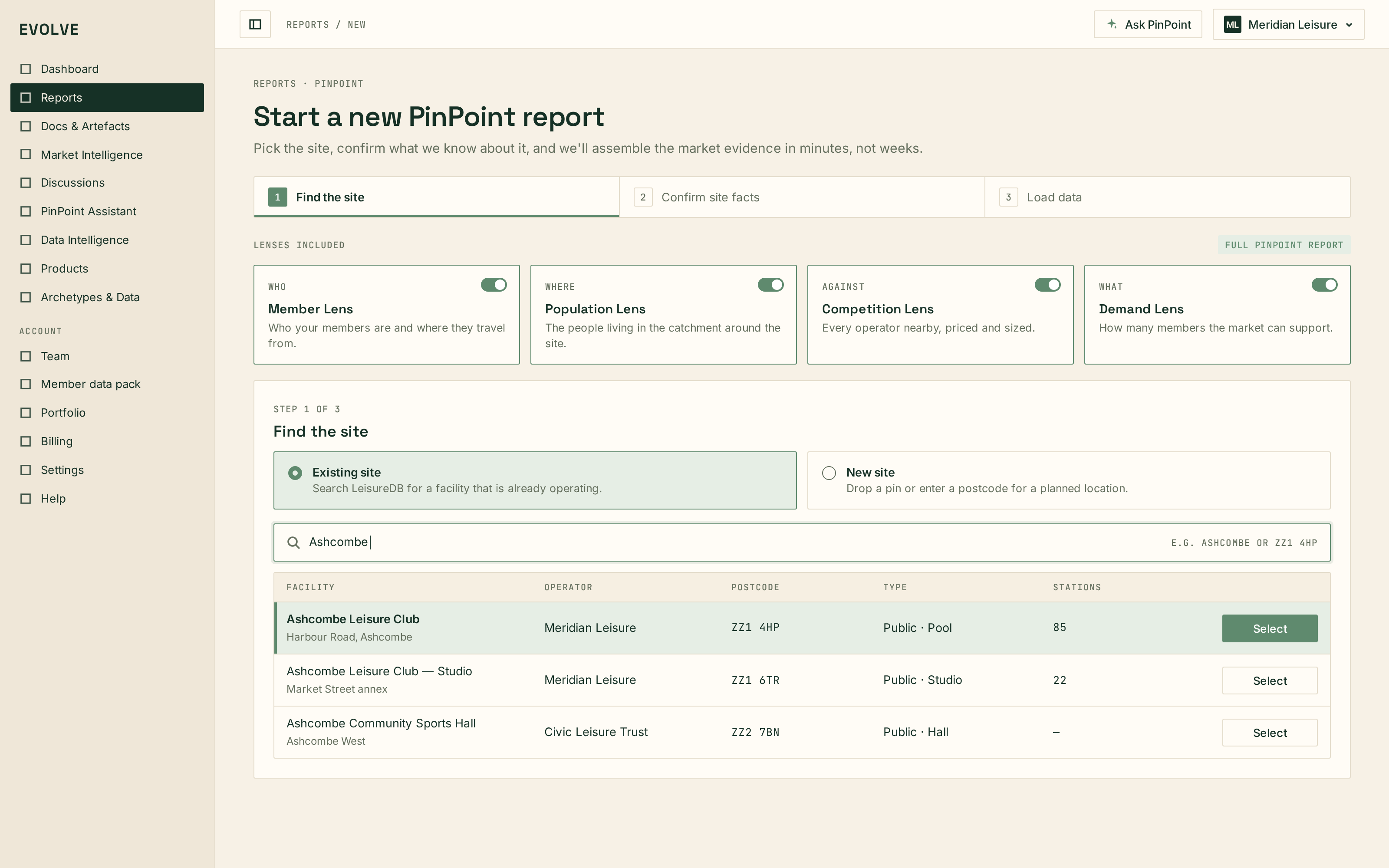 EVOLVE: PinPoint report builder — four-step guided setup (illustrative, sample data)