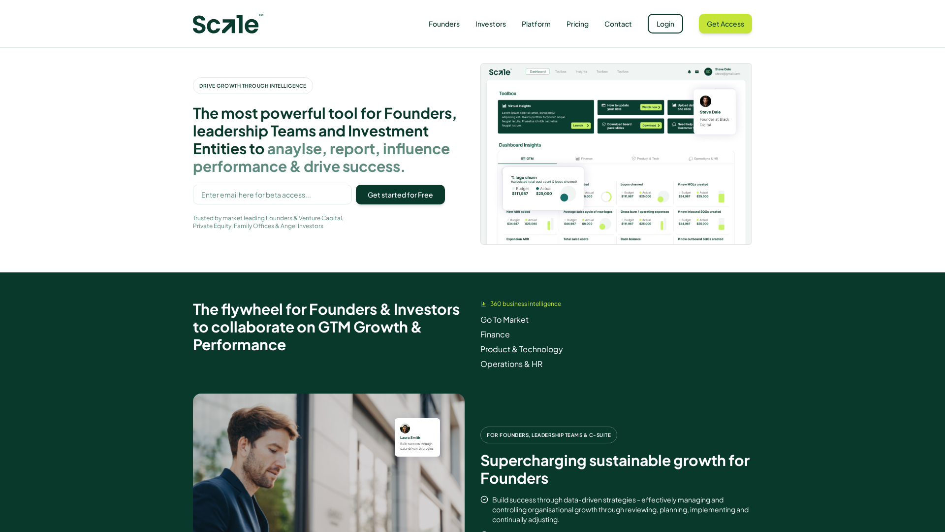 Sca1e: Home page with a preview of the founder and investor workspace
